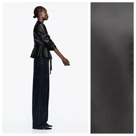 NWT. Zara Black Faux Leather Peplum Blazer/Jacket. Size L, XL. - Picture 4 of 16
